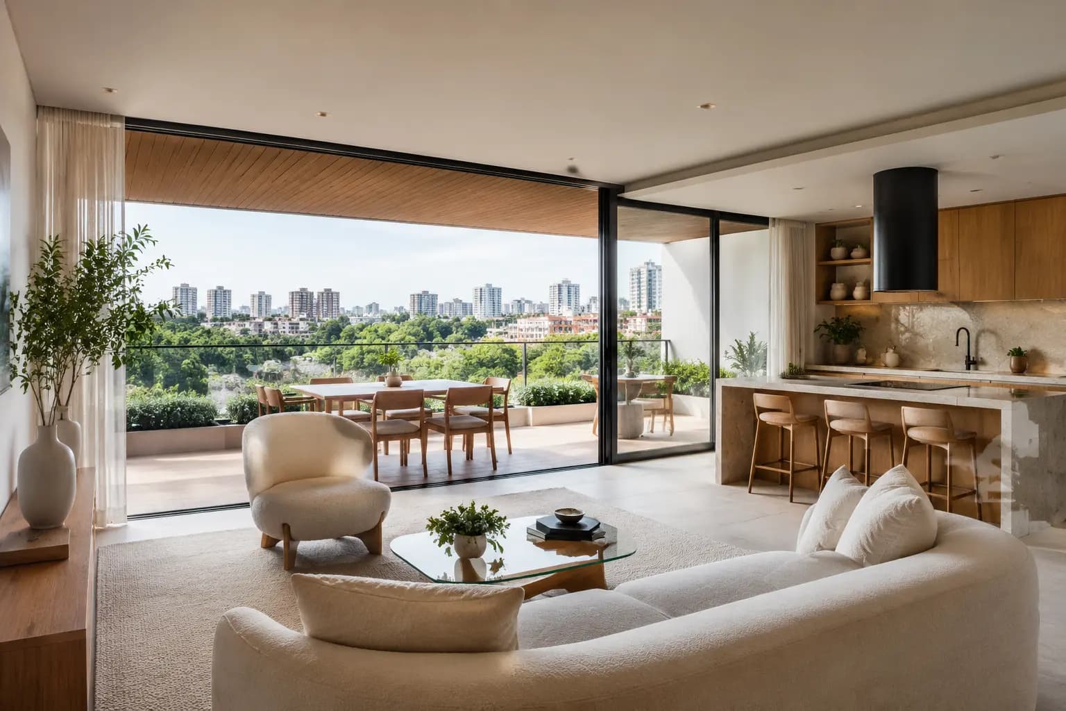 Cobertura contemporânea com grandes janelas e vista urbana
