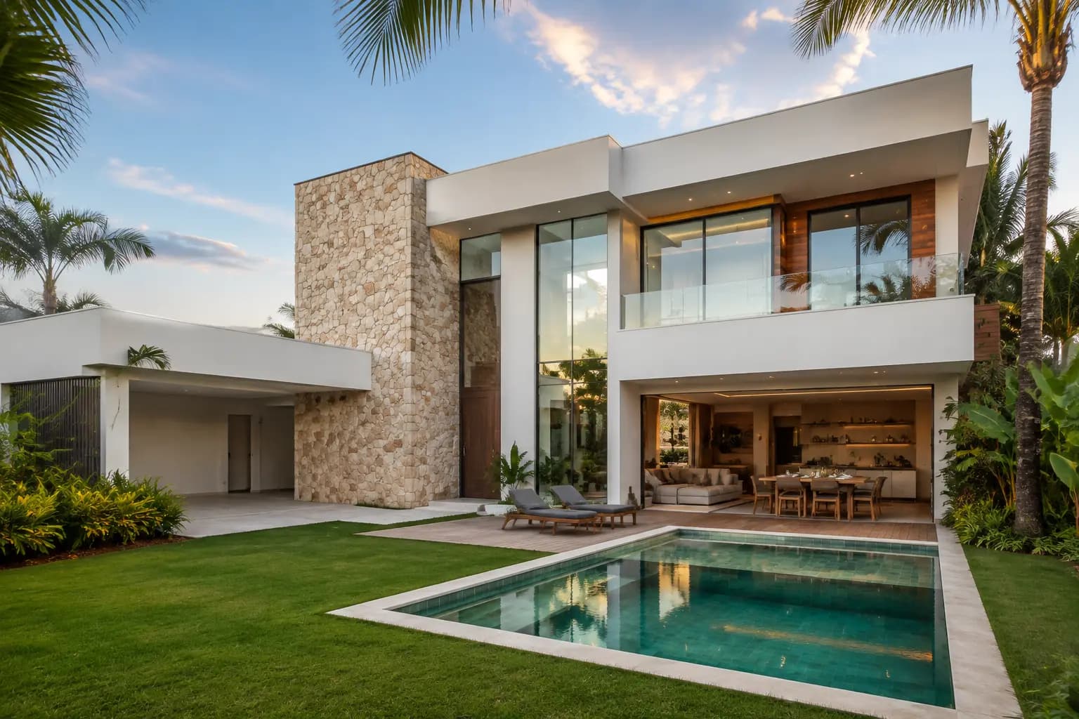 Casa contemporânea com piscina e jardim tropical